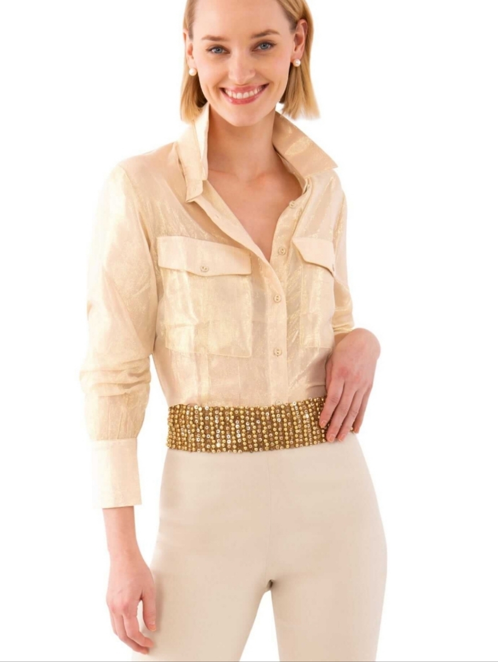 Gretchen Scott Glinda Lurex Metallic Flap Blouse Button Up Sheer Gold XS